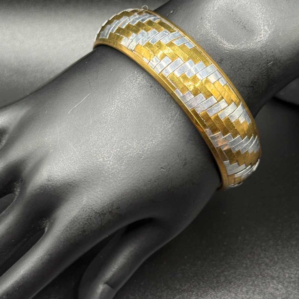 Vintage Woven Lattice Weave Two Tone Brass and Silver Tone Boho Bangle Bracelet